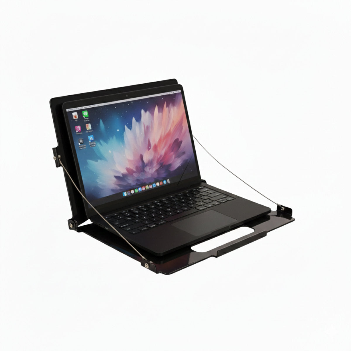 MagFlex Pro M ergonomische Laptophalterung Schwarz – Seitenansicht mit schwarzem Laptop auf Halteplattform
