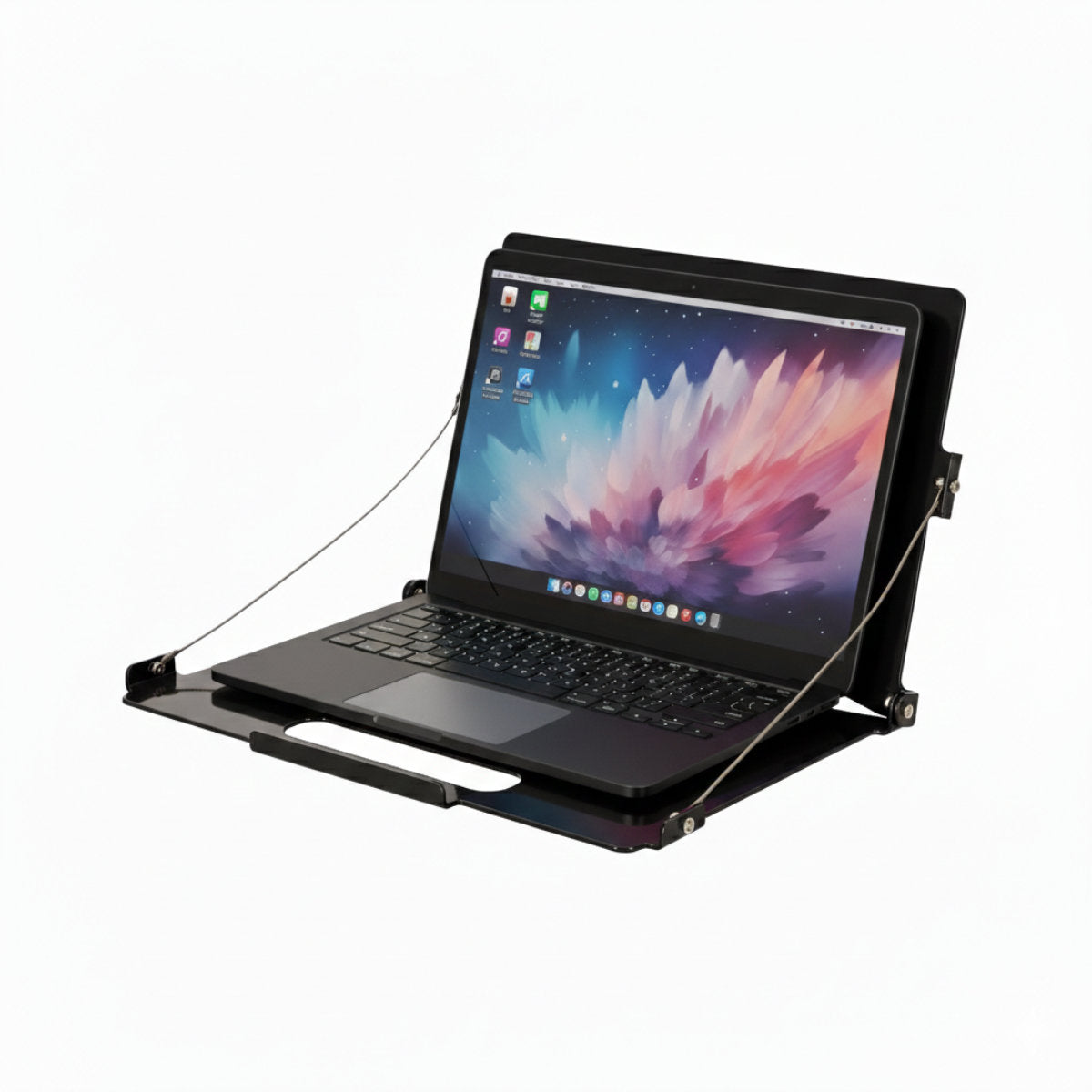 MagFlex Pro M Laptophalterung aus Metall in Schwarz mit Laptop – schräge Frontansicht