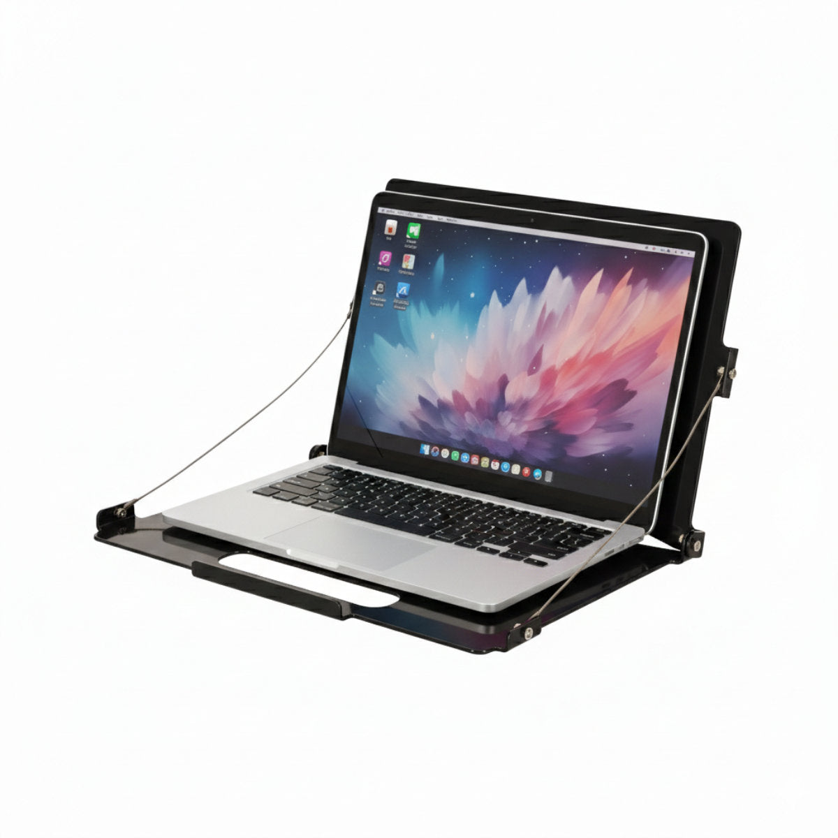 MagFlex Pro M klappbare Laptophalterung aus Metall mit Sicherheitsseilen – Seitenansicht mit silbernem Laptop