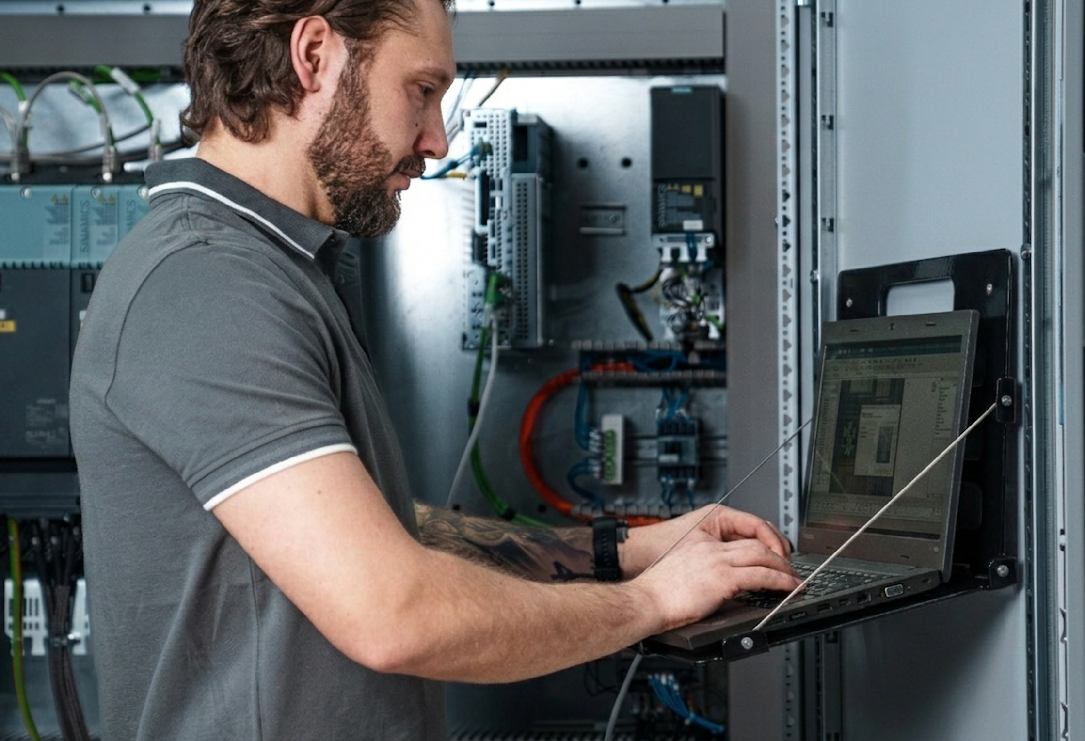 Servicetechniker arbeitet mit magnetischer Notebook-Halterung MagFlex Pro am Schaltschrank – NBH-Systems